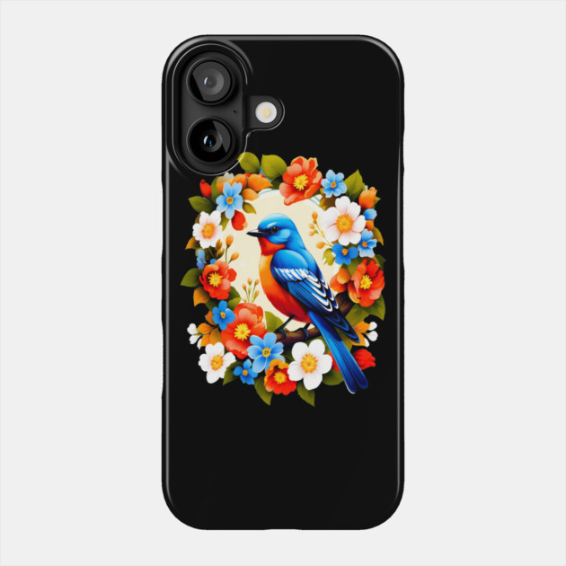 Cute Blue Bird Surrounded by Bold Vibrant Spring Flowers Phone Case by BirdsnStuff