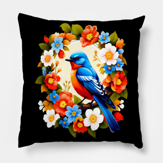 Cute Blue Bird Surrounded by Bold Vibrant Spring Flowers Pillow by BirdsnStuff