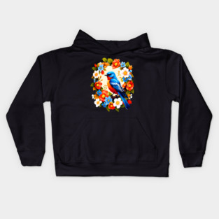 Cute Blue Bird Surrounded by Bold Vibrant Spring Flowers Kids Hoodie