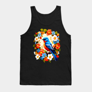Cute Blue Bird Surrounded by Bold Vibrant Spring Flowers Tank Top