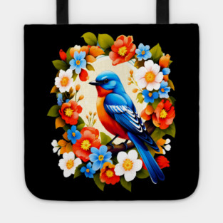 Cute Blue Bird Surrounded by Bold Vibrant Spring Flowers Tote