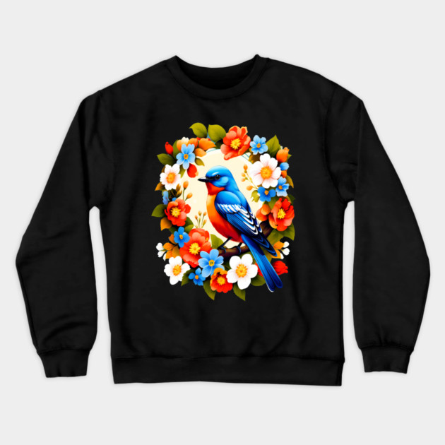 Cute Blue Bird Surrounded by Bold Vibrant Spring Flowers Crewneck Sweatshirt by BirdsnStuff