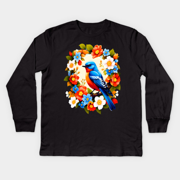 Cute Blue Bird Surrounded by Bold Vibrant Spring Flowers Kids Long Sleeve T-Shirt by BirdsnStuff