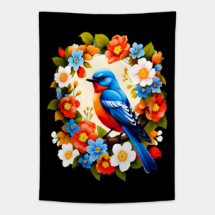 Cute Blue Bird Surrounded by Bold Vibrant Spring Flowers Tapestry