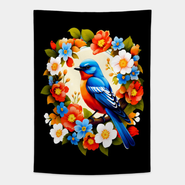 Cute Blue Bird Surrounded by Bold Vibrant Spring Flowers Tapestry by BirdsnStuff