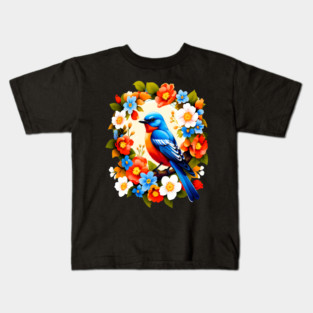 Cute Blue Bird Surrounded by Bold Vibrant Spring Flowers Kids T-Shirt