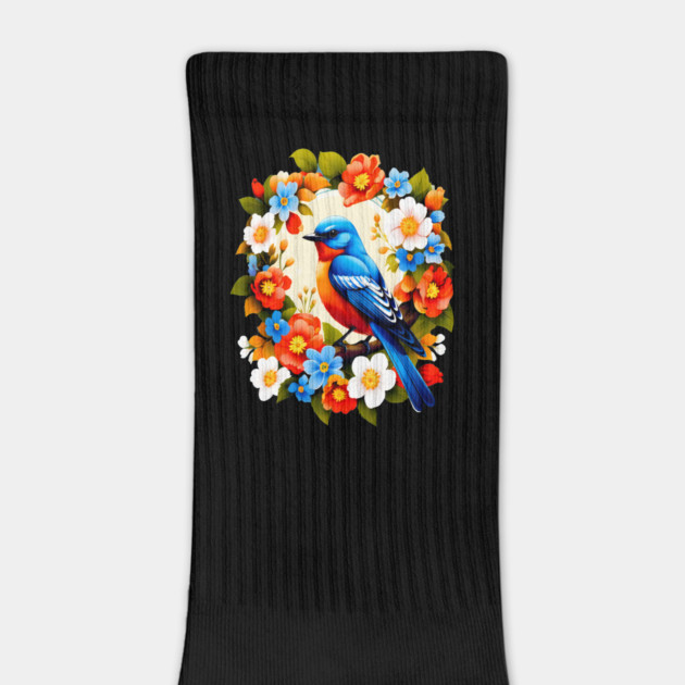 Cute Blue Bird Surrounded by Bold Vibrant Spring Flowers by BirdsnStuff