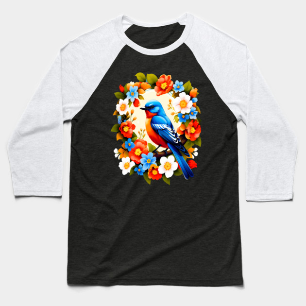Cute Blue Bird Surrounded by Bold Vibrant Spring Flowers Baseball T-Shirt by BirdsnStuff