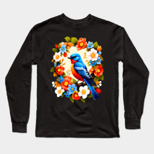 Cute Blue Bird Surrounded by Bold Vibrant Spring Flowers Long Sleeve T-Shirt