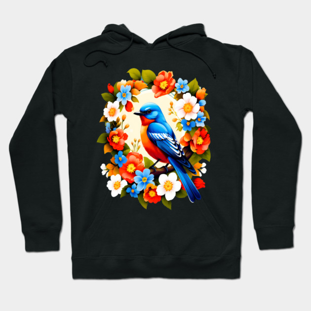 Cute Blue Bird Surrounded by Bold Vibrant Spring Flowers Hoodie by BirdsnStuff