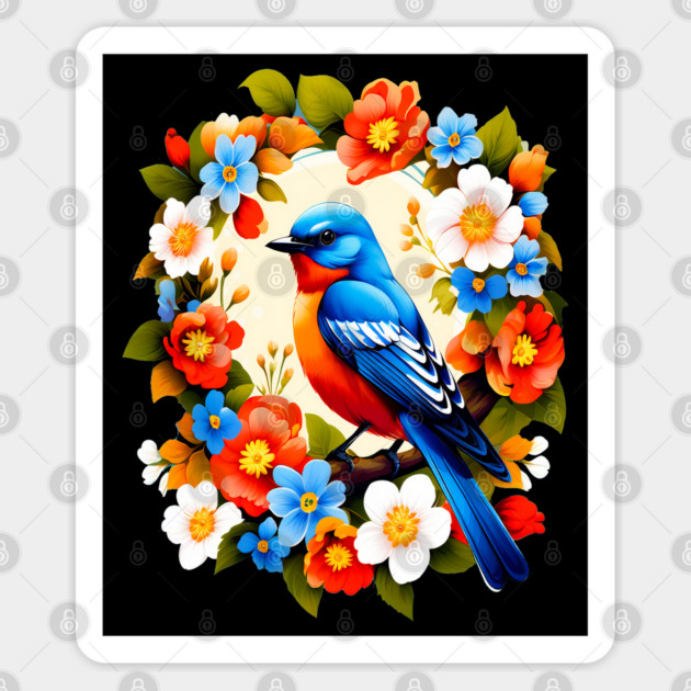 Cute Blue Bird Surrounded by Bold Vibrant Spring Flowers Sticker by BirdsnStuff