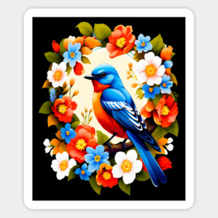 Cute Blue Bird Surrounded by Bold Vibrant Spring Flowers Magnet