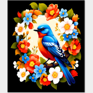 Cute Blue Bird Surrounded by Bold Vibrant Spring Flowers Posters and Art