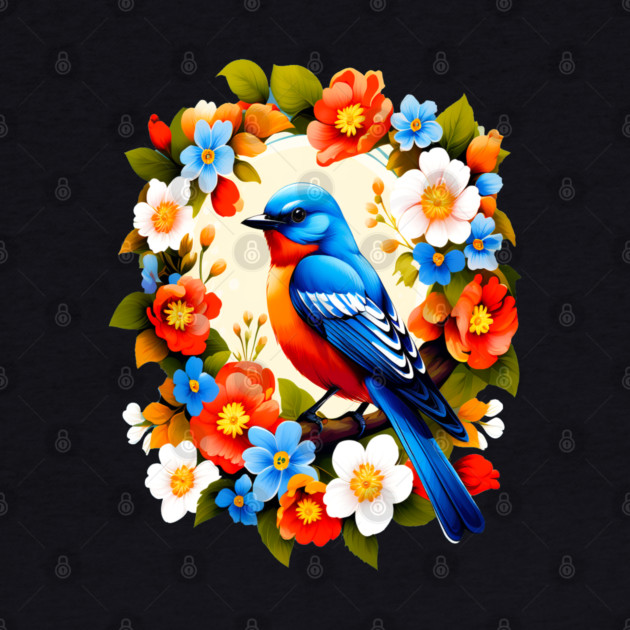 Cute Blue Bird Surrounded by Bold Vibrant Spring Flowers by BirdsnStuff