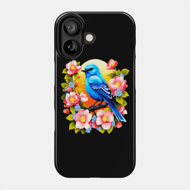 Cute Blue Bird Surrounded by Bold Vibrant Spring Flowers Phone Case by BirdsnStuff
