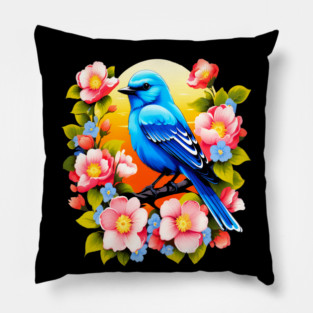 Cute Blue Bird Surrounded by Bold Vibrant Spring Flowers Pillow