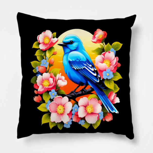 Cute Blue Bird Surrounded by Bold Vibrant Spring Flowers Pillow by BirdsnStuff