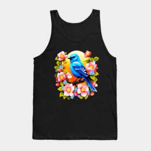 Cute Blue Bird Surrounded by Bold Vibrant Spring Flowers Tank Top