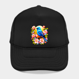 Cute Blue Bird Surrounded by Bold Vibrant Spring Flowers Hat