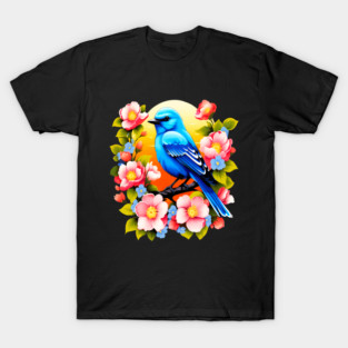 Cute Blue Bird Surrounded by Bold Vibrant Spring Flowers T-Shirt