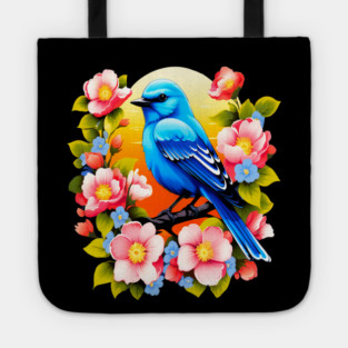 Cute Blue Bird Surrounded by Bold Vibrant Spring Flowers Tote