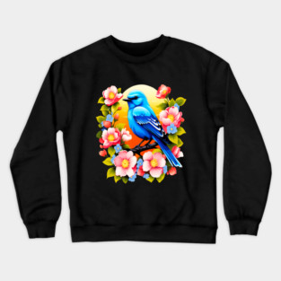 Cute Blue Bird Surrounded by Bold Vibrant Spring Flowers Crewneck Sweatshirt
