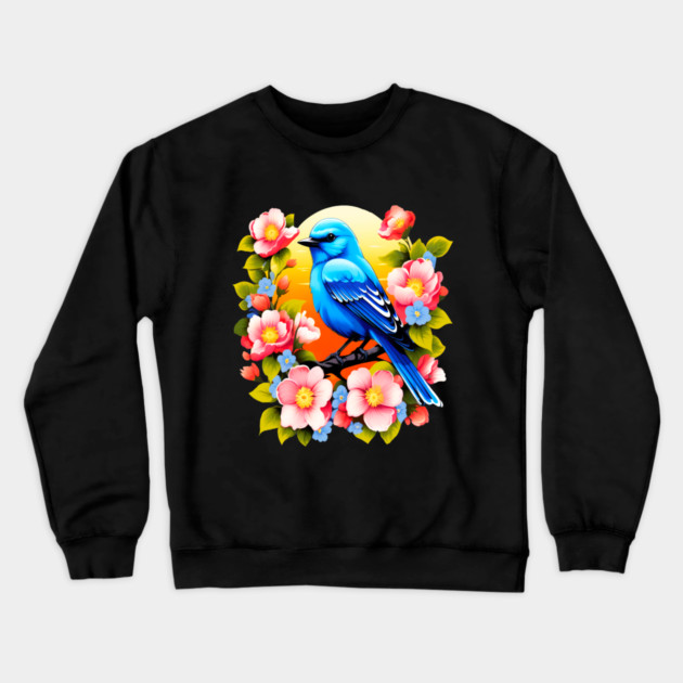 Cute Blue Bird Surrounded by Bold Vibrant Spring Flowers Crewneck Sweatshirt by BirdsnStuff