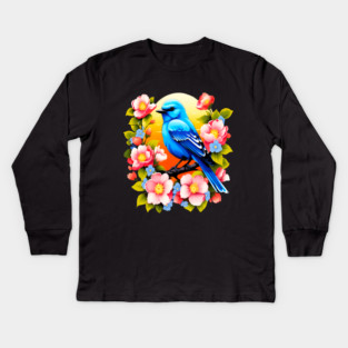 Cute Blue Bird Surrounded by Bold Vibrant Spring Flowers Kids Long Sleeve T-Shirt