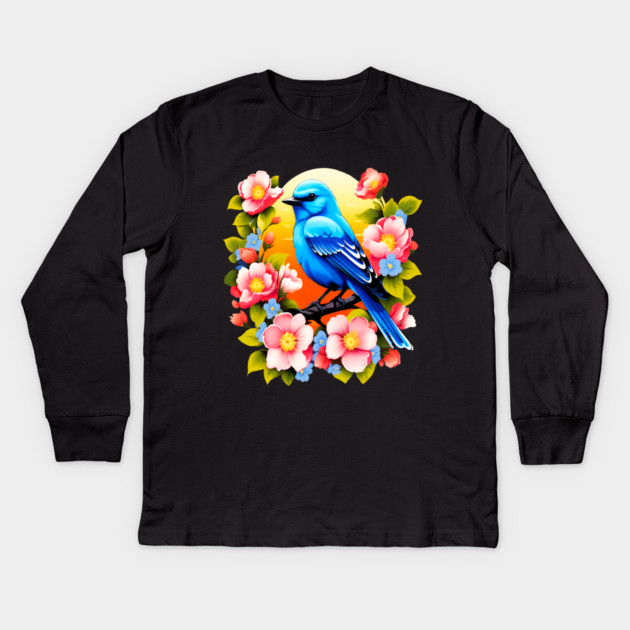 Cute Blue Bird Surrounded by Bold Vibrant Spring Flowers Kids Long Sleeve T-Shirt by BirdsnStuff