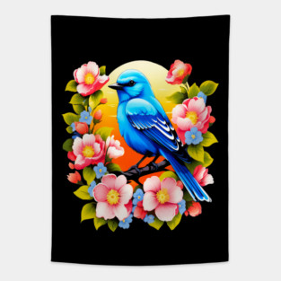 Cute Blue Bird Surrounded by Bold Vibrant Spring Flowers Tapestry