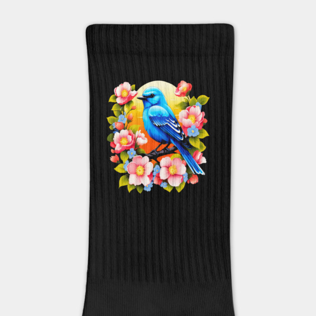 Cute Blue Bird Surrounded by Bold Vibrant Spring Flowers by BirdsnStuff