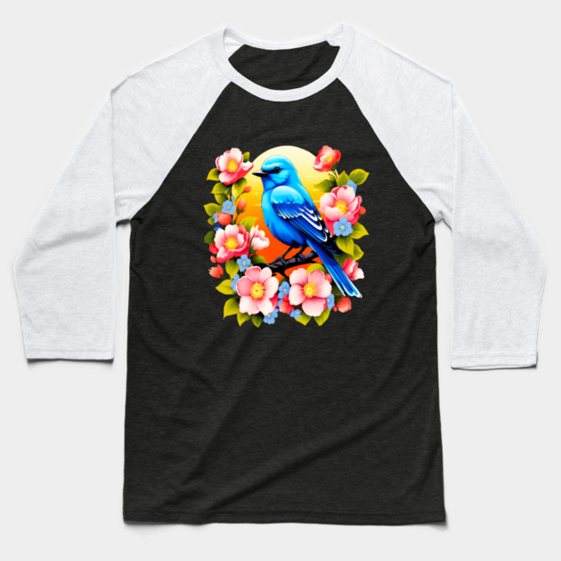 Cute Blue Bird Surrounded by Bold Vibrant Spring Flowers Baseball T-Shirt by BirdsnStuff