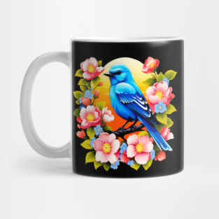 Cute Blue Bird Surrounded by Bold Vibrant Spring Flowers Mug