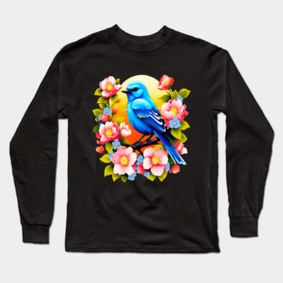 Cute Blue Bird Surrounded by Bold Vibrant Spring Flowers Long Sleeve T-Shirt