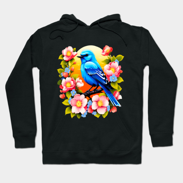 Cute Blue Bird Surrounded by Bold Vibrant Spring Flowers Hoodie by BirdsnStuff