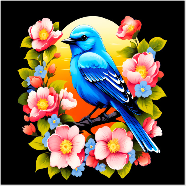 Cute Blue Bird Surrounded by Bold Vibrant Spring Flowers Wall Art by BirdsnStuff