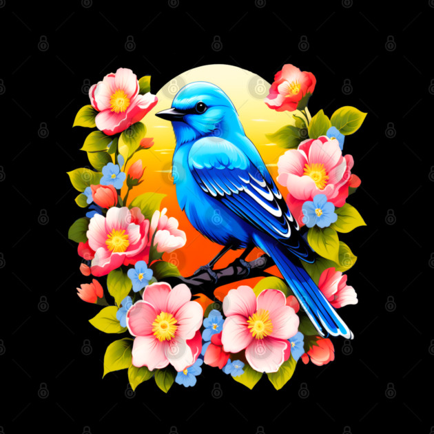 Cute Blue Bird Surrounded by Bold Vibrant Spring Flowers by BirdsnStuff