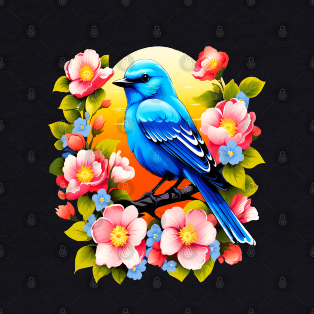 Cute Blue Bird Surrounded by Bold Vibrant Spring Flowers by BirdsnStuff