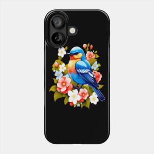 Cute Blue Bird Surrounded by Bold Vibrant Spring Flowers Phone Case
