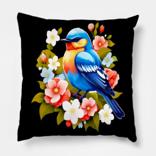 Cute Blue Bird Surrounded by Bold Vibrant Spring Flowers Pillow
