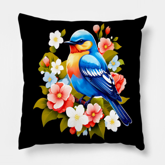 Cute Blue Bird Surrounded by Bold Vibrant Spring Flowers Pillow by BirdsnStuff