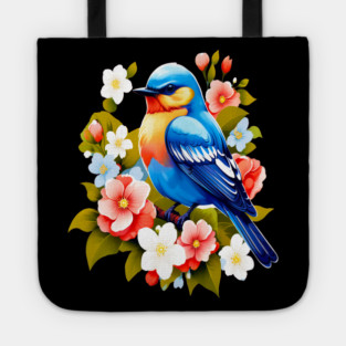 Cute Blue Bird Surrounded by Bold Vibrant Spring Flowers Tote