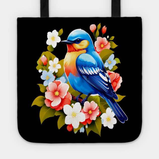 Cute Blue Bird Surrounded by Bold Vibrant Spring Flowers Tote by BirdsnStuff