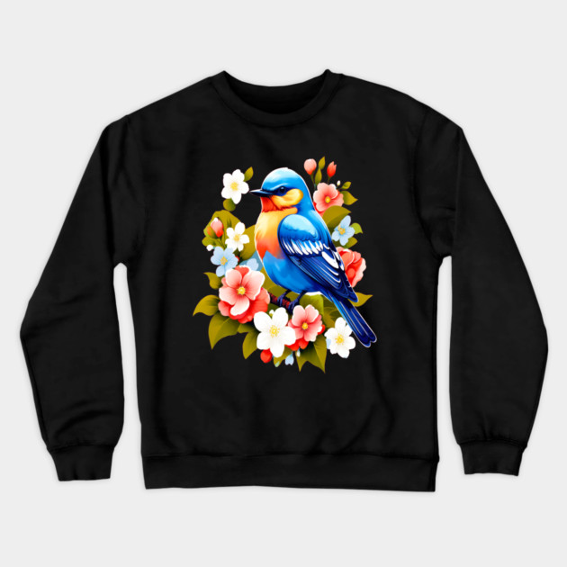 Cute Blue Bird Surrounded by Bold Vibrant Spring Flowers Crewneck Sweatshirt by BirdsnStuff