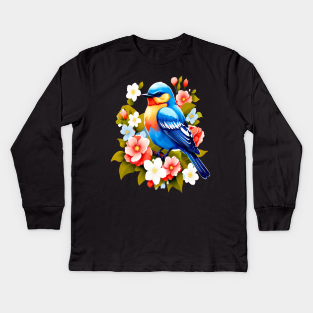 Cute Blue Bird Surrounded by Bold Vibrant Spring Flowers Kids Long Sleeve T-Shirt by BirdsnStuff