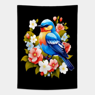 Cute Blue Bird Surrounded by Bold Vibrant Spring Flowers Tapestry