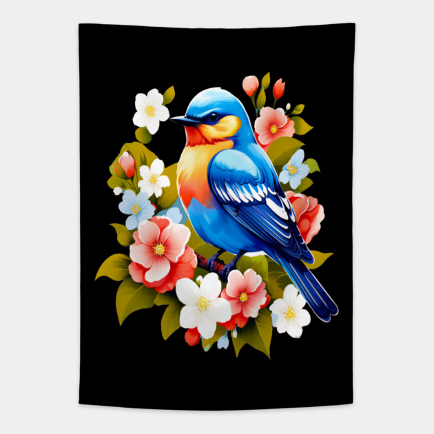 Cute Blue Bird Surrounded by Bold Vibrant Spring Flowers Tapestry by BirdsnStuff