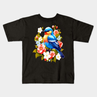 Cute Blue Bird Surrounded by Bold Vibrant Spring Flowers Kids T-Shirt