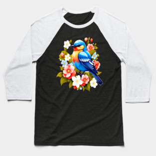 Cute Blue Bird Surrounded by Bold Vibrant Spring Flowers Baseball T-Shirt
