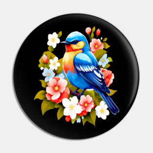 Cute Blue Bird Surrounded by Bold Vibrant Spring Flowers Pin